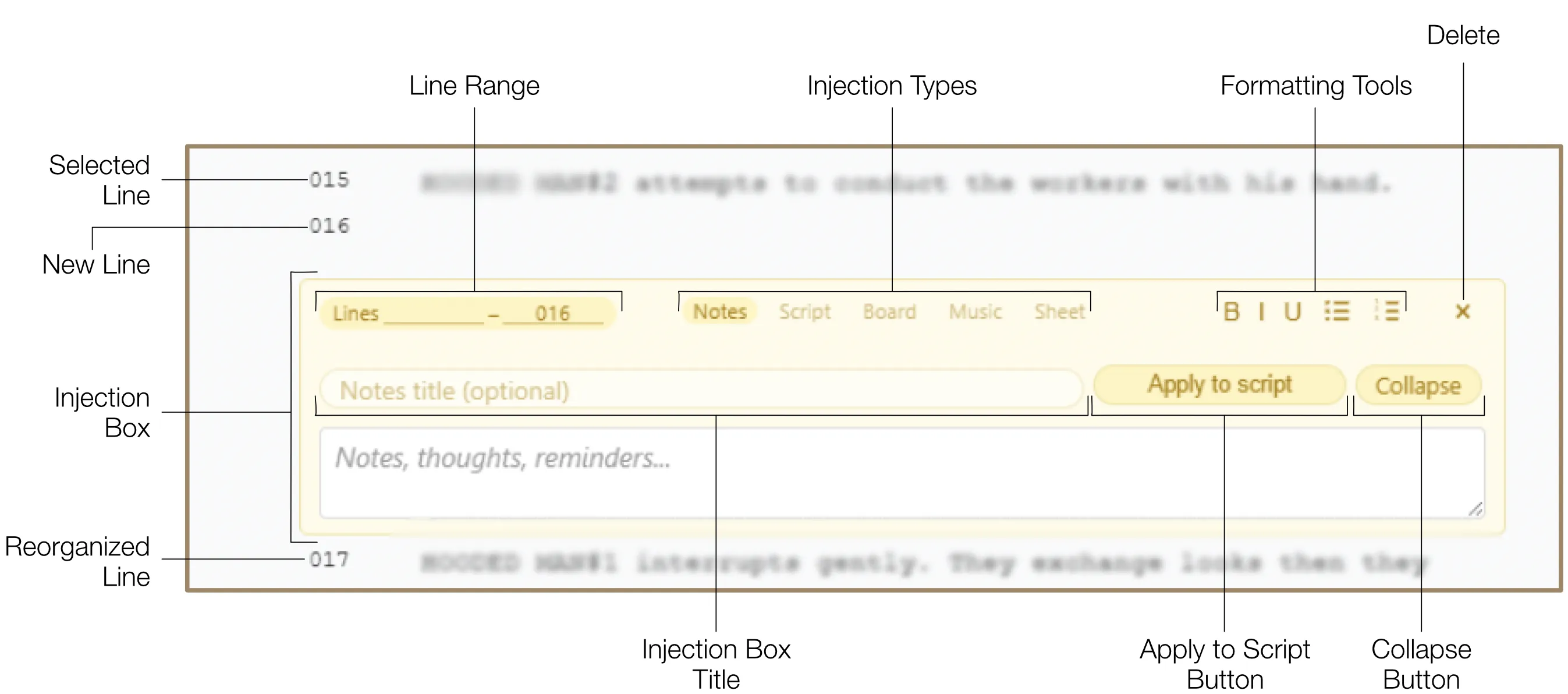 Injection box showing tabs, line range, title box, collapse, apply, and delete controls